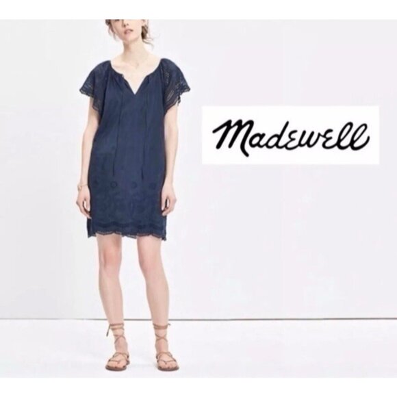 Madewell Dress Navy Blue Medium 6 8 10 Short Sleeve Embroidered Silk Cotton - Picture 3 of 15